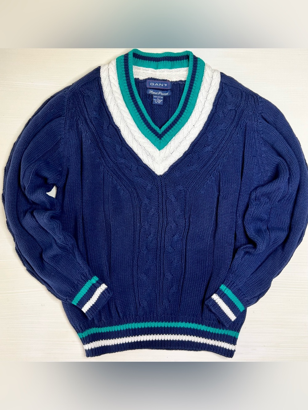 Gant Navy Cable-Knit V-Neck Sweater with White and Teal Trim